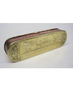 Gegraveerde koperen tabaksdoos met voorstellingen van Adam en Eva en stichtelijke teksten 18e eeuw
