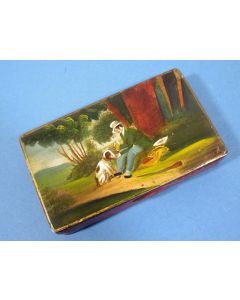 Blikken tabaksdoos met afbeelding van een rustende reiziger, 19e eeuw