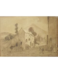 Pieter van Loon, 'Buurtje aan de Maas', sepiatekening, 1862