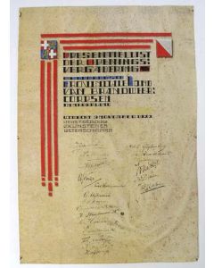 Presentielijst van de Openingsvergadering van de Utrechtse Provinciale Bond van Brandweercorpsen, 1922. Kalligrafie op perkament. 