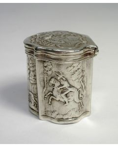 Zilveren lodereindoosje met jachtvoorstellingen, Adrianus Kuylenburg Schoonhoven 1790