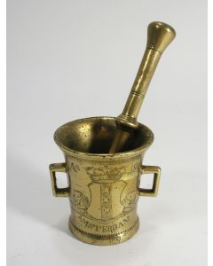 Koperen vijzel,  gegraveerd met het Amsterdamse stadswapen, anno 1804