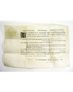Aanstellingsbrief van N. van der Wijk tot Tweede Luitenant in de Bataafsche Armee, met ondertekeningen van H Stavenisse Pous en  B. Donker Curtius, 1795