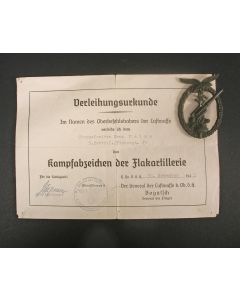 [Duitsland] Gevechtsinsigne Flakartillerie van de Luftwaffe, met bijbehorende oorkonde, 1941