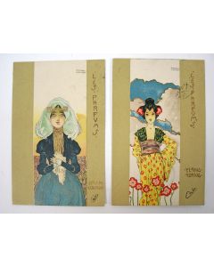 Twee ansichtkaarten uit de serie 'Les parfums', door Raphael Kirchner, ca. 1900