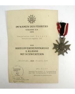 [Duitsland] Kriegsverdienstkreuz 2. Klasse mit Schwertern, 1939-1945, met oorkonde van verlening (1944)