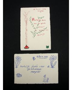Bedankkaarten met tekeningen van de Prinsessen Beatrix en Margriet, 1952 en 1951