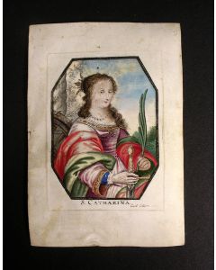 Devotieprentje met Sint Catharina, door G. Collaert Antwerpen, met opschriften uit 1699