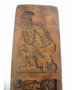 Houten speculaasplank, met kakkende man en koopmanswagen, begin 19e eeuw