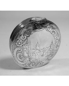 Zilveren pepermuntdoosje met stadsgezichtje, 1854
