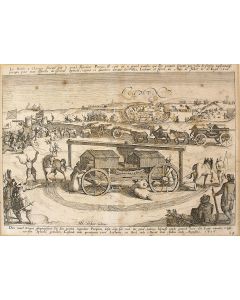 Kopergravure, de belegering van Lochem door Spinola en de door paarden aangedreven meelwagens in zijn leger, 1606