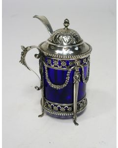 Zikveren mosterdpot met blauw glas, 1928