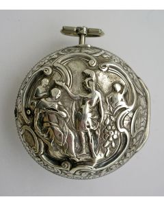  Spilleganghorloge in gedreven zilveren kast, in Engeland vervaardigd voor de Nederlandse markt, 1766