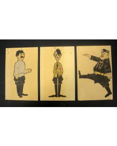 Drie prentbriefkaarten met karikaturen van dictators, ca. 1946