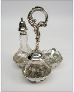 Kristal met zilveren peper-, zout- en mosterdstel, 1860 