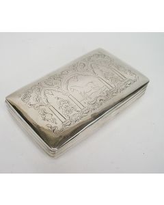 Zilveren tabaksdoos, gegraveerd met een paard en gotische motieven, H.J. van Halteren, Schoonhoven 1855