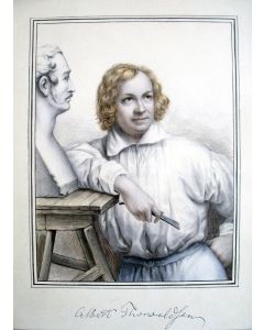 August Riedel, portret van de beeldhouwer Thorwaldsen met diens signatuur, aquarel, ca. 1833