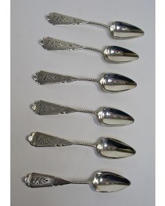 6 zilveren mokkalepeltjes, ca. 1890