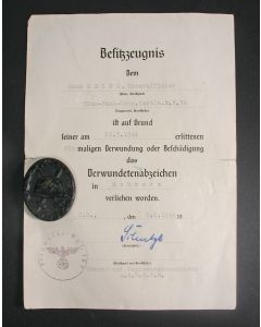 Verwondeninsigne met oorkonde van verlening uit 1944, Duitsland, periode Derde Rijk