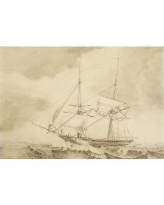 B. Sloet, een tweemaster schip, potloodtekening, 19e eeuw