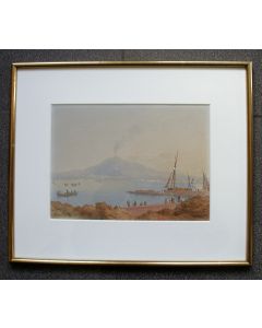 Aquarel, gezicht op de Vesuvius, Grand Tour souvenir, 19e eeuw