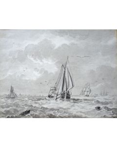 J.C. Haccou, schepen op zee, sepiatekening