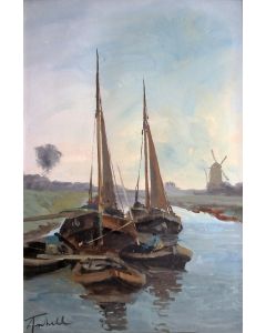 A.C. Terhell, platbodems in een vaart, gouache