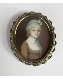 Ferdinand Machera, portretminiatuur van een jonge dame, ca. 1820, in zilveren lijstje