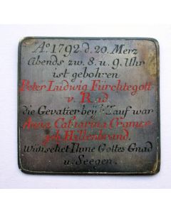 Gegraveerde zilveren geboorteplaquette, 1792