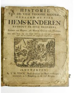 'Historie van de vier Heemskinderen. Geïllustreerd boek in perkamenten band, gebonden met twee ander uitgaven, Antwerpen. midden 18e eeuw