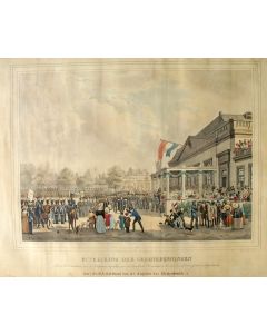 Prent, Uitreiking der gedenkpenningen aan vrijwillige jagers van de Utrechtse Hogeschool, bij hun terugkomst van de Tiendaagse Veldtocht, 1831
