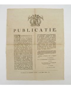 Publicatie over de instelling van het jachtseizoen door de Gedeputeerde Staten van Utrecht, periode Bataafse Republiek, 1802