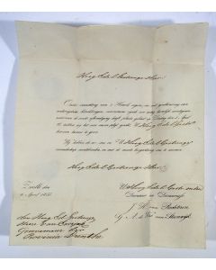 Brief met de huwelijksaankondiging van J.H. van Rechteren en G.A. de Vos van Steenwijk, gericht aan Mr. van Ewijck, gouverneur van Drente, 1835.