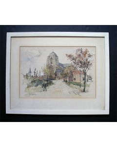 Jan Korthals, gezicht op Veere, aquarel